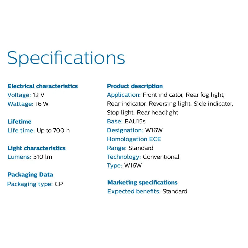 Specifications table for a lighting product on a white background