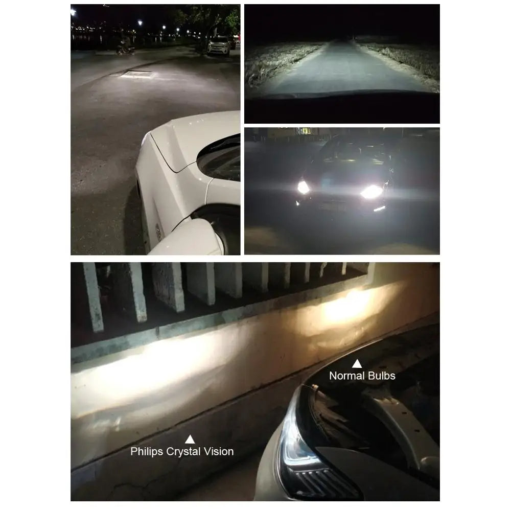 Collage of car headlights at night with 'Normal Bulbs' and 'Philips Crystal Vision' labels.