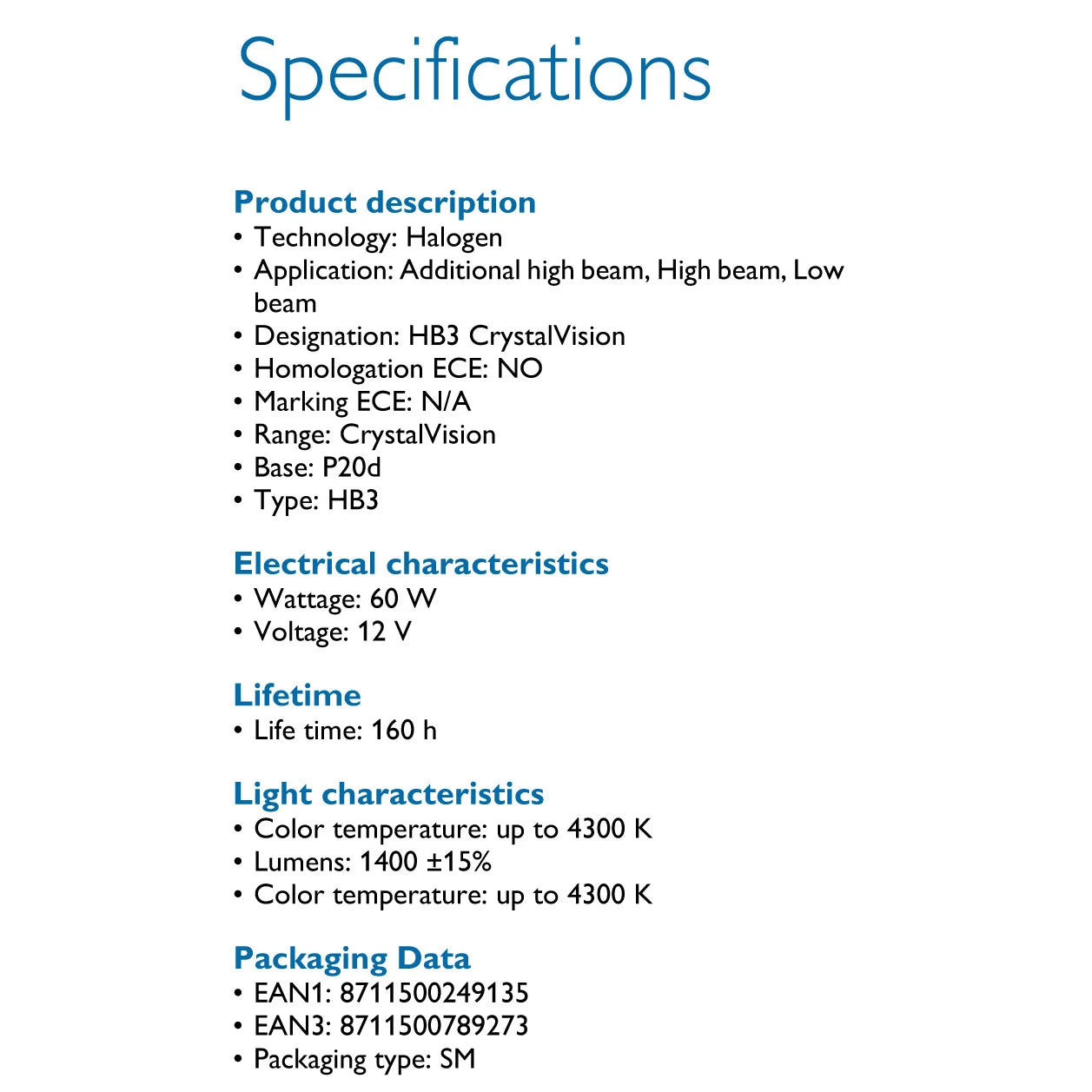 Product specifications for a halogen bulb on a white background