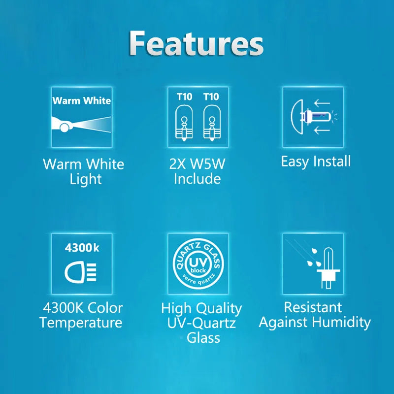 List of features on a blue background with icons and text.