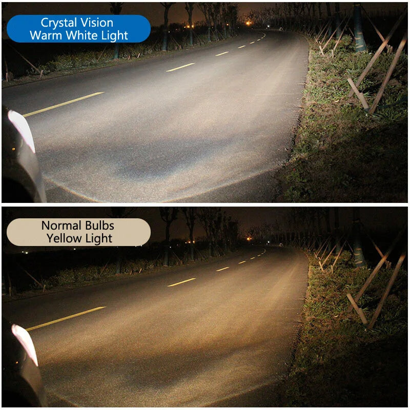 Comparison of Crystal Vision Warm White Light and Normal Bulbs Yellow Light on a road at night.