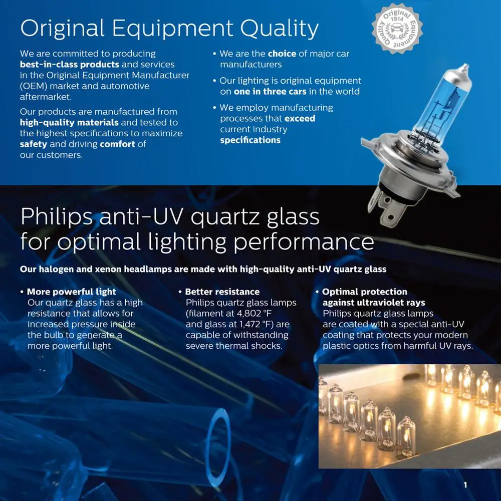 Philips halogen headlight bulb advertisement with text about quality and features on a blue background.