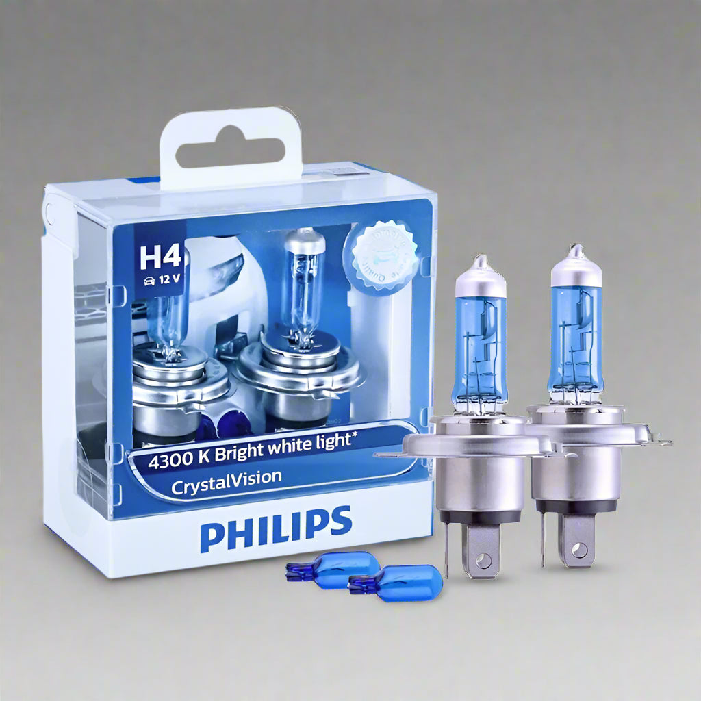 Philips H4 car light bulb packaging with two bulbs on a white background