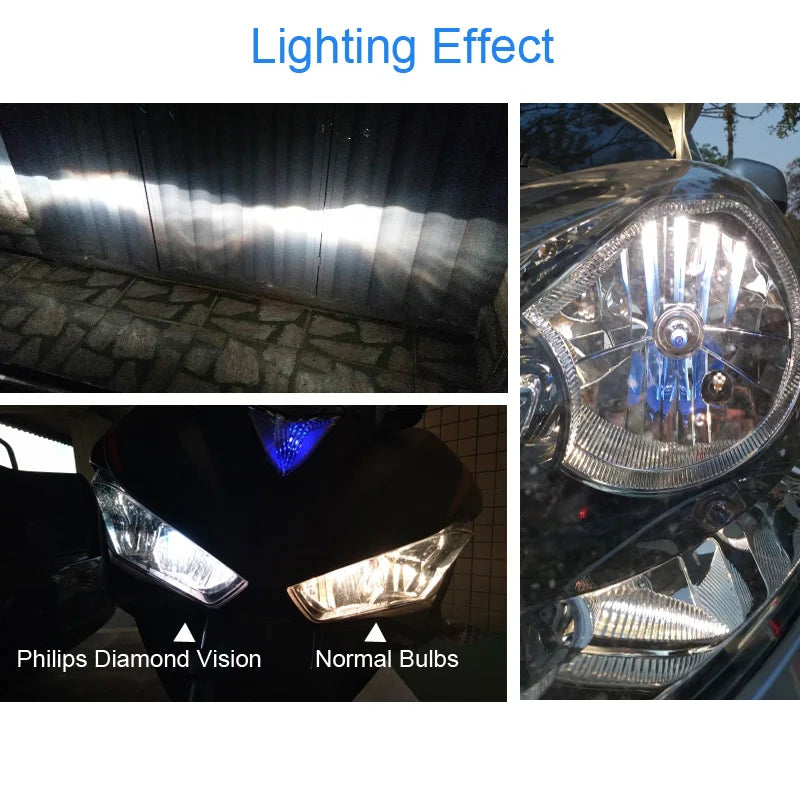 Comparison of Philips Diamond Vision and normal bulbs on a vehicle headlight.