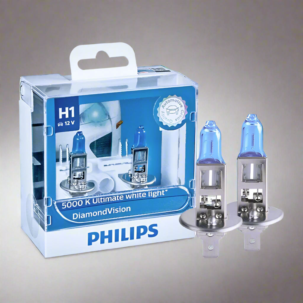 Philips H1 car light bulb packaging with two bulbs on a white background