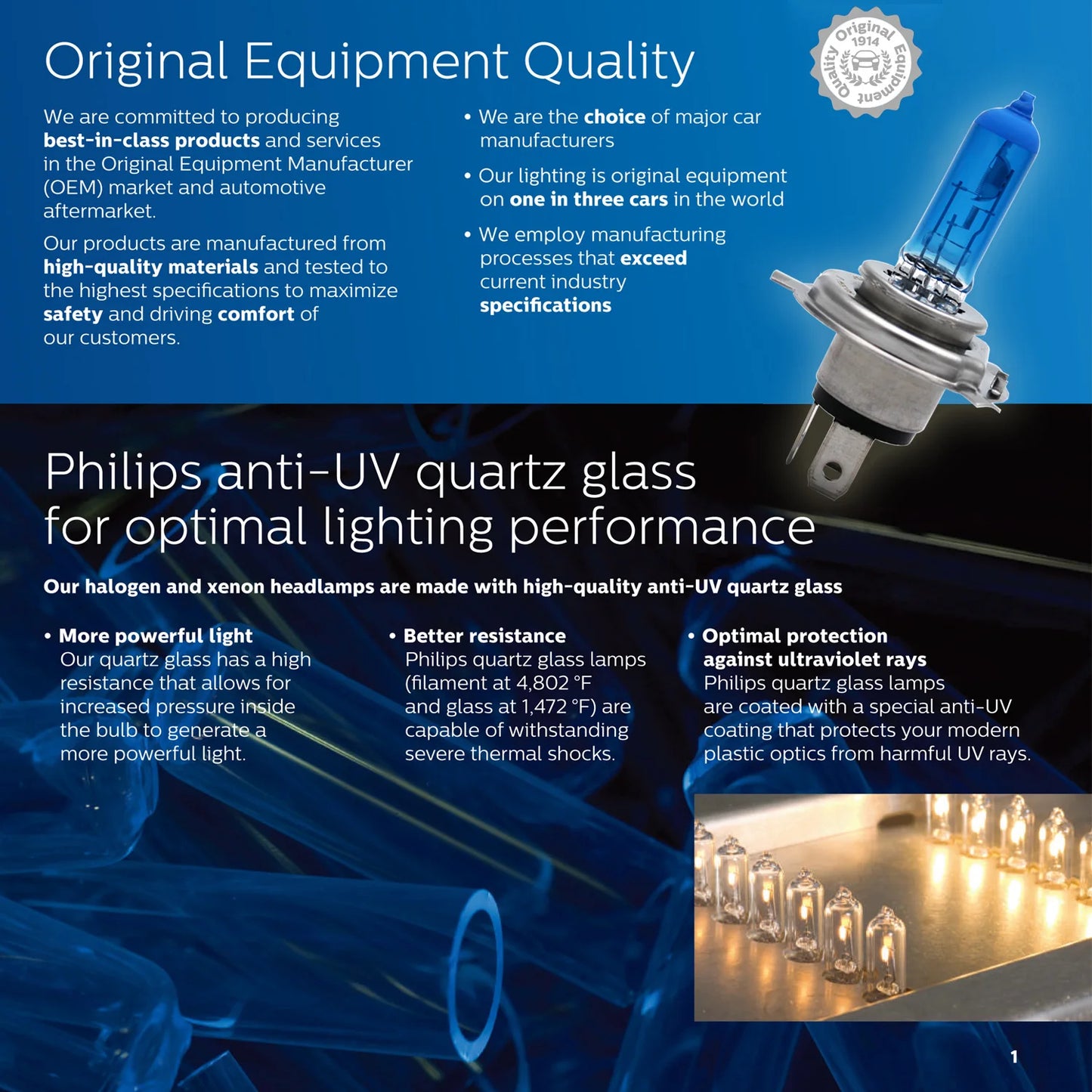 Philips halogen bulb advertisement with text about quality and features on a blue background