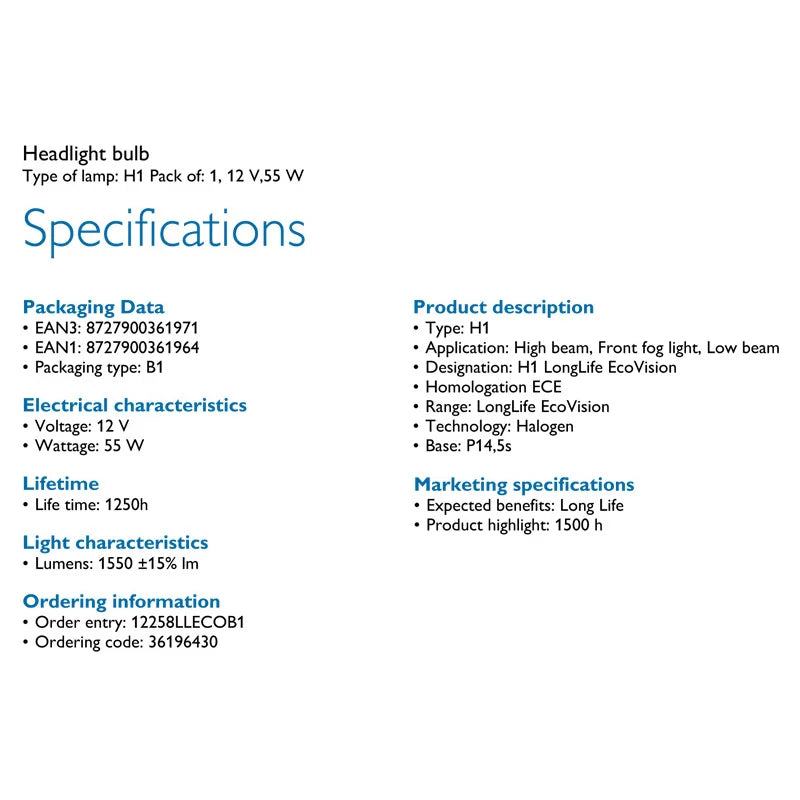 Specifications sheet for a headlight bulb with detailed information on packaging, electrical characteristics, and more.