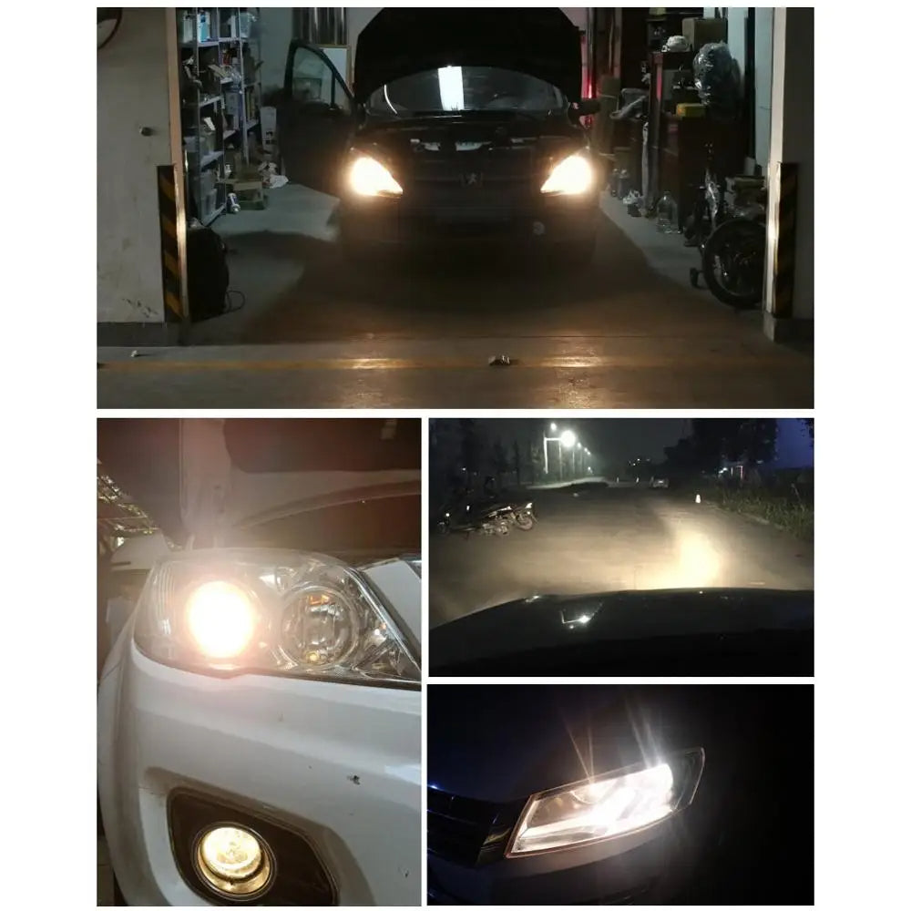 Collage of car headlights in various settings, including a garage and on a road.