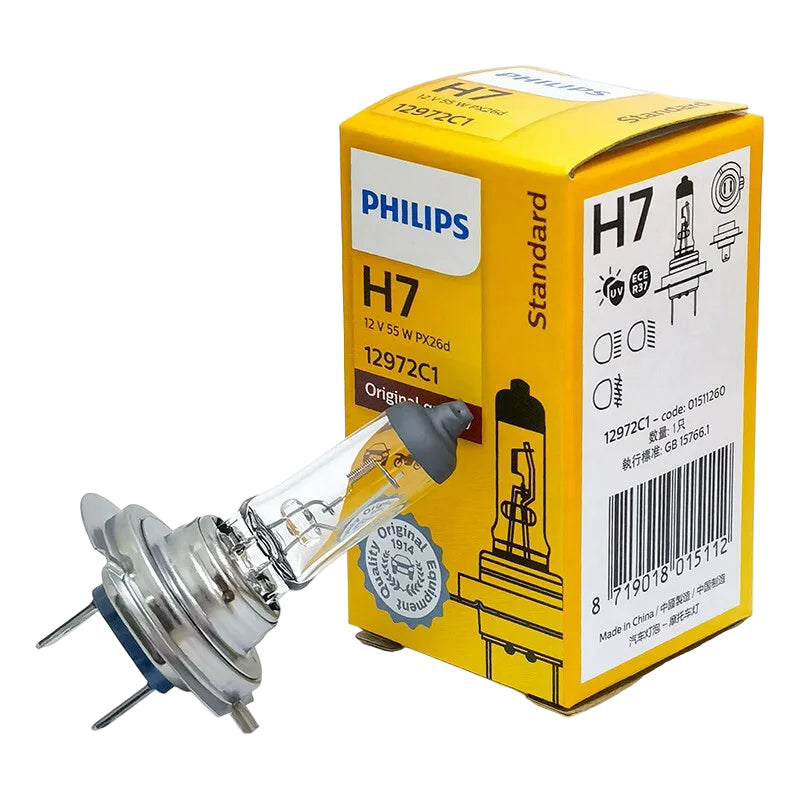 Philips H7 car bulb and packaging on a white background