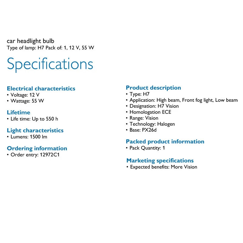 Specifications of a car headlight bulb on a white background
