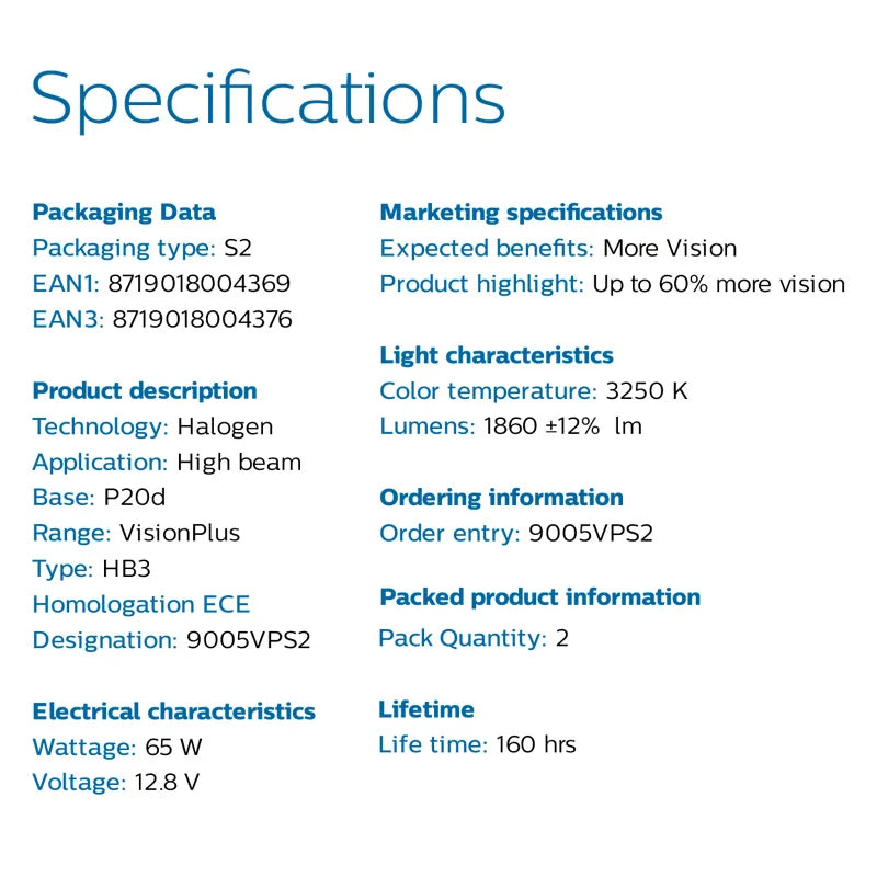 Specifications table for a high-beam halogen light bulb on a white background