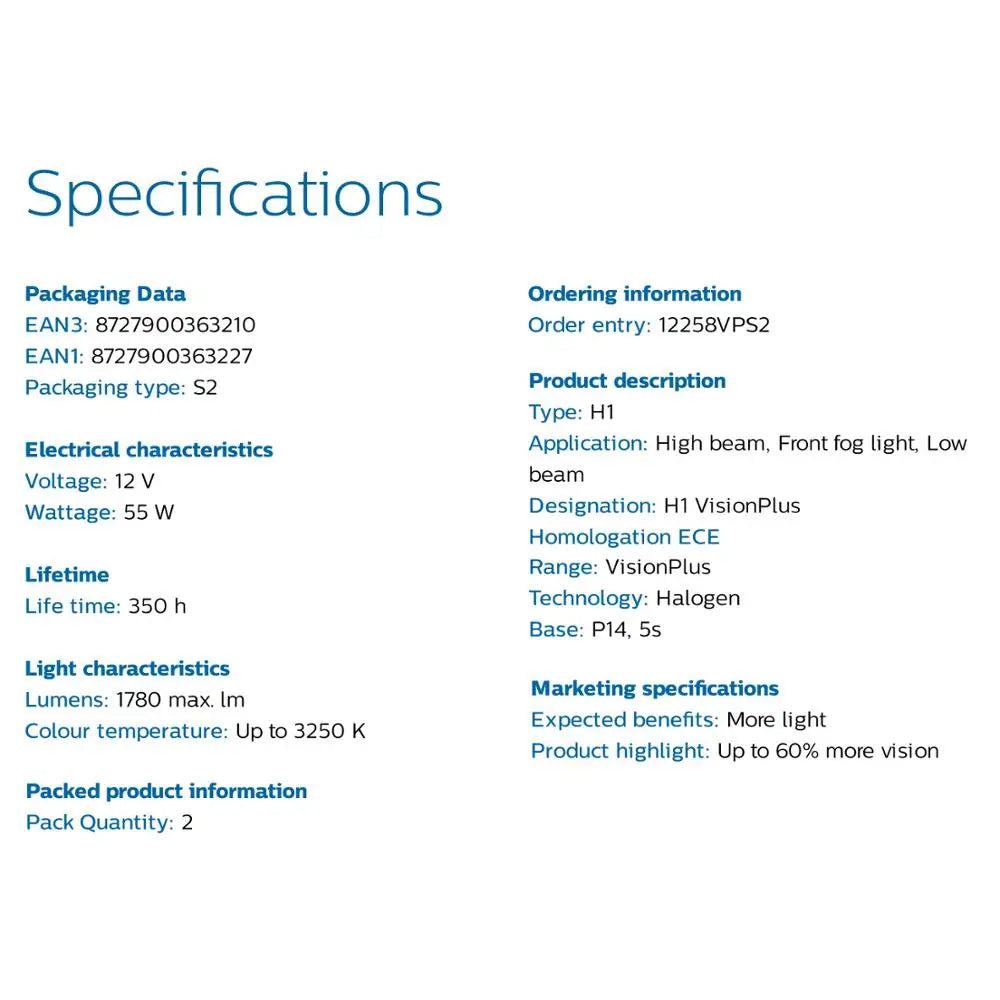 Specifications table for a high-beam light product on a white background