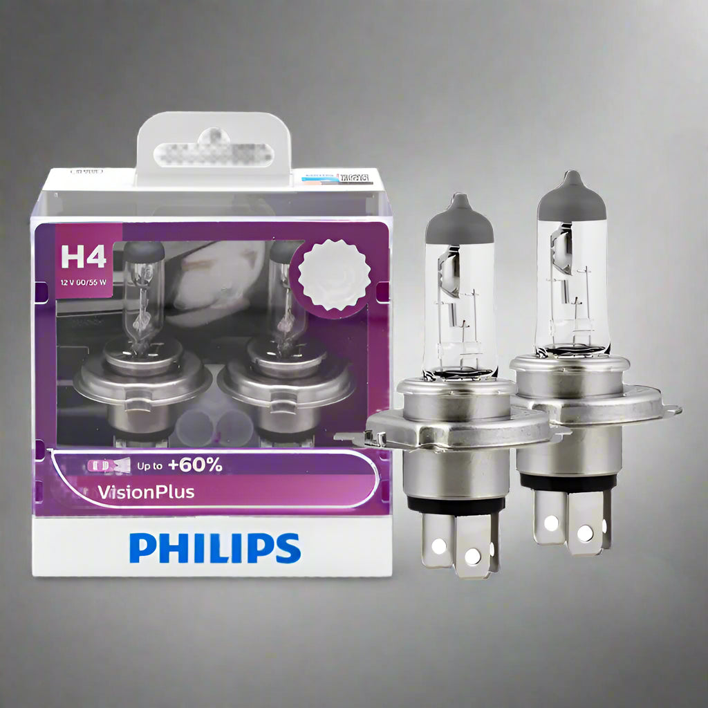 Philips H4 car light bulb packaging with two bulbs on a white background