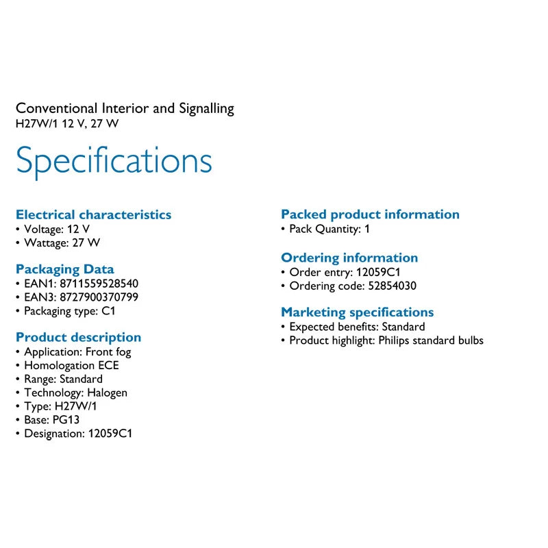 Product specifications sheet for a conventional interior and signalling light bulb.