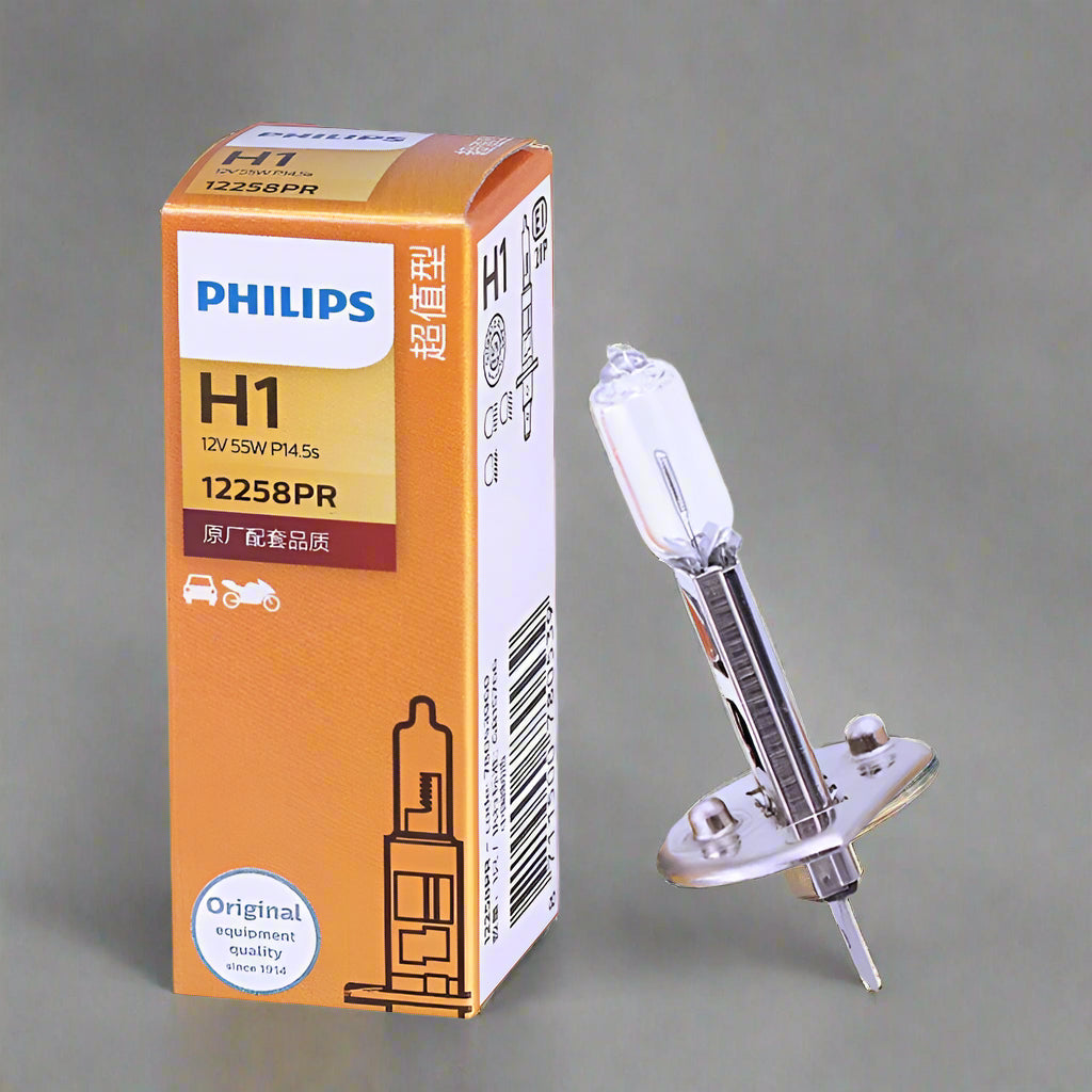 Philips H1 car bulb packaging with bulb on a white background