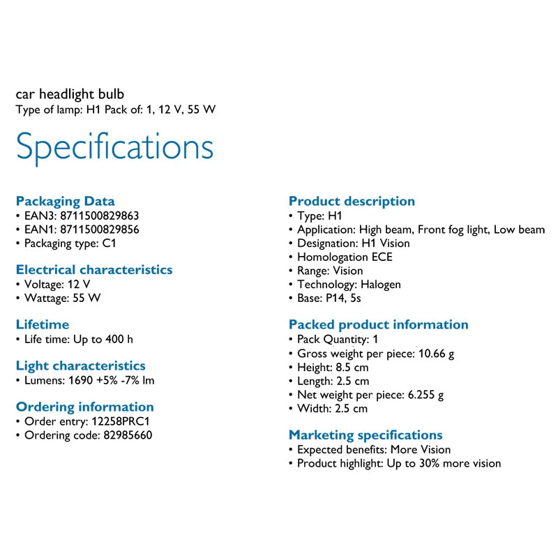 Specifications of a car headlight bulb on a white background
