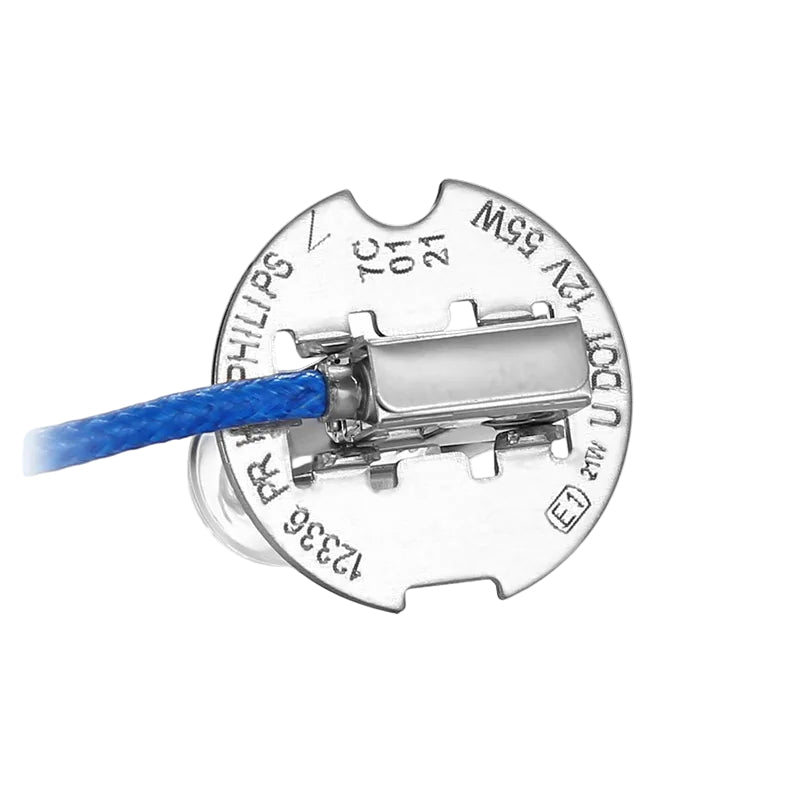 Philips light bulb base with blue wire on a white background