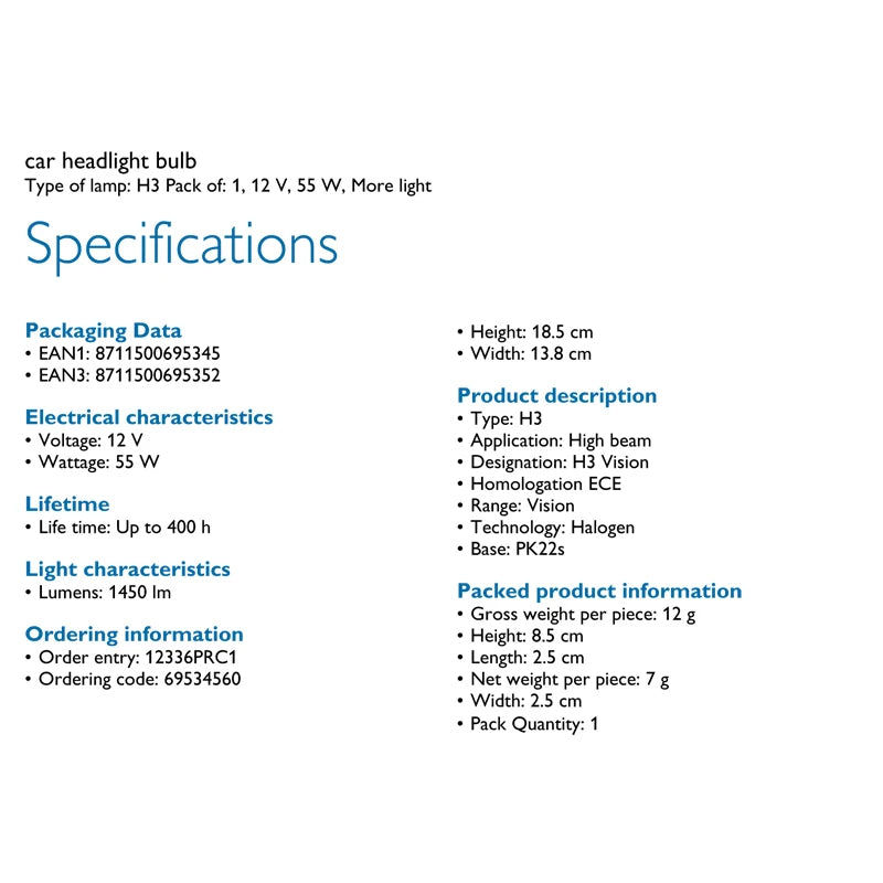 Specifications of a car headlight bulb on a white background