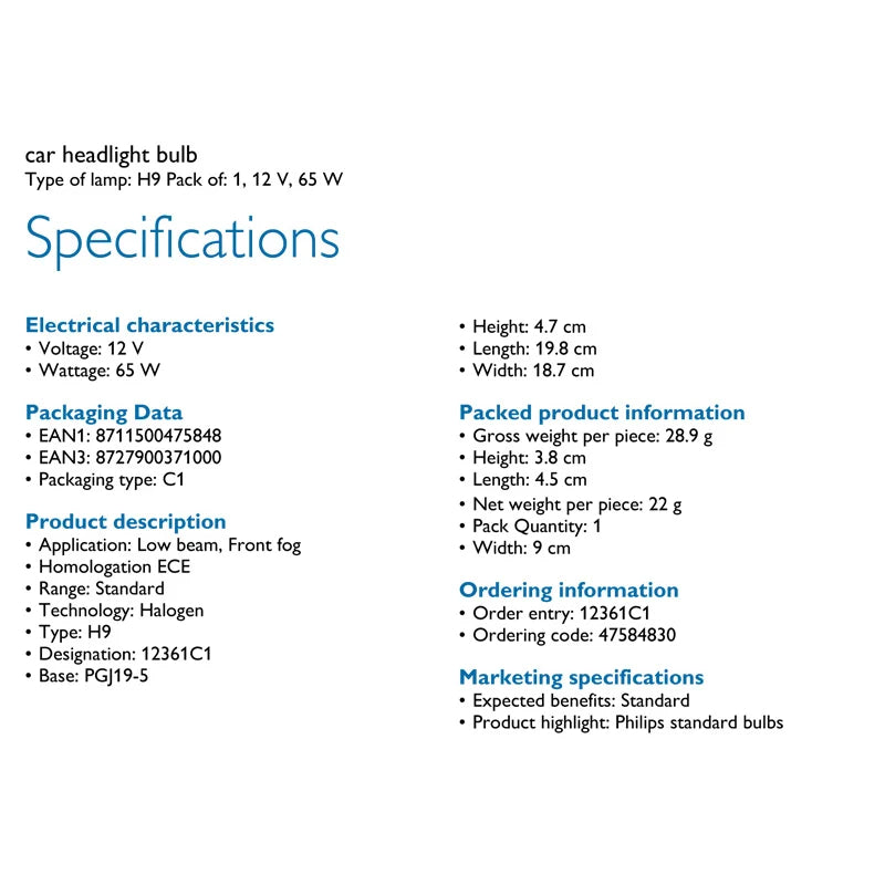 Specifications of a car headlight bulb on a white background