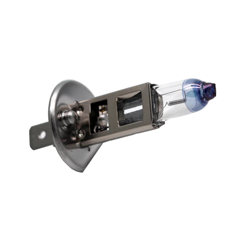 Car headlight bulb with metal housing on a white background