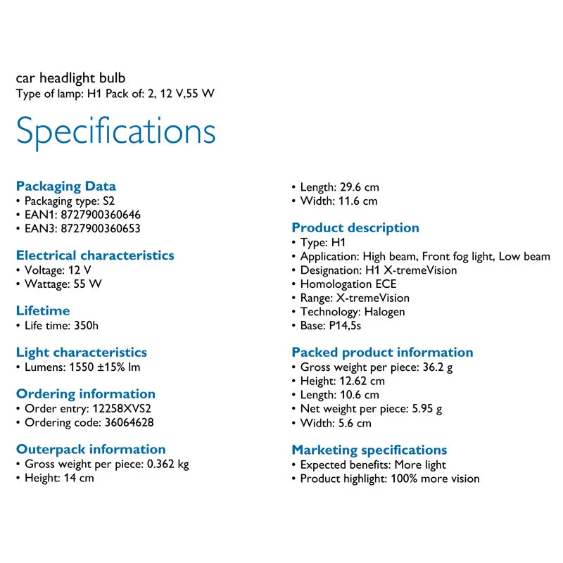 Technical specifications of a car headlight bulb on a white background