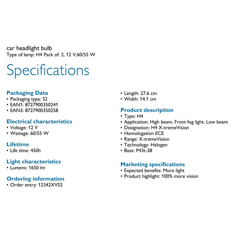Specifications of a car headlight bulb on a white background