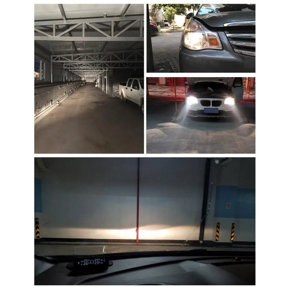 Collage of images showing a car in a parking garage with headlights on.