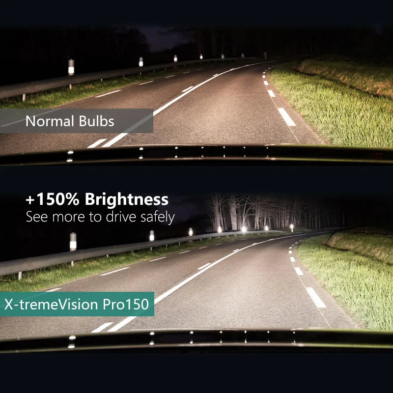Comparison of road visibility with normal bulbs and X-tremeVision Pro150 bulbs at night.