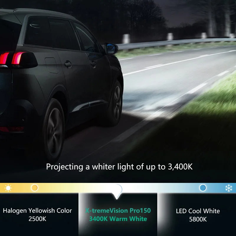 Car on a road at night with headlights illuminating the road, showcasing light color temperature options.
