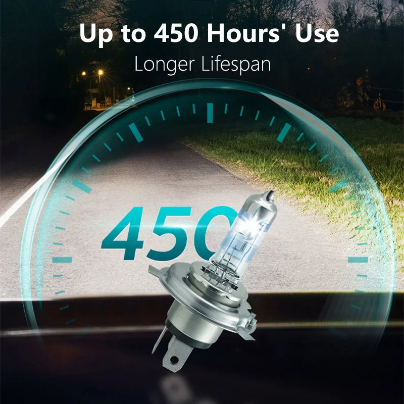 Car headlight bulb with '450 Hours' Use' text on a road background