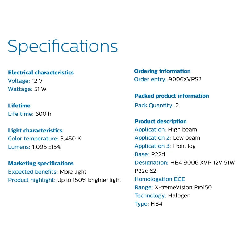Product specifications list on a white background