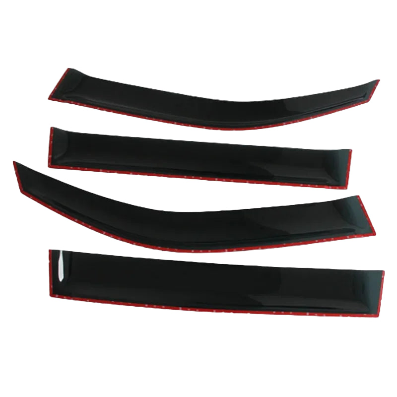 Four black car window deflectors with red interior on a white background, featuring the Sunz brand.
