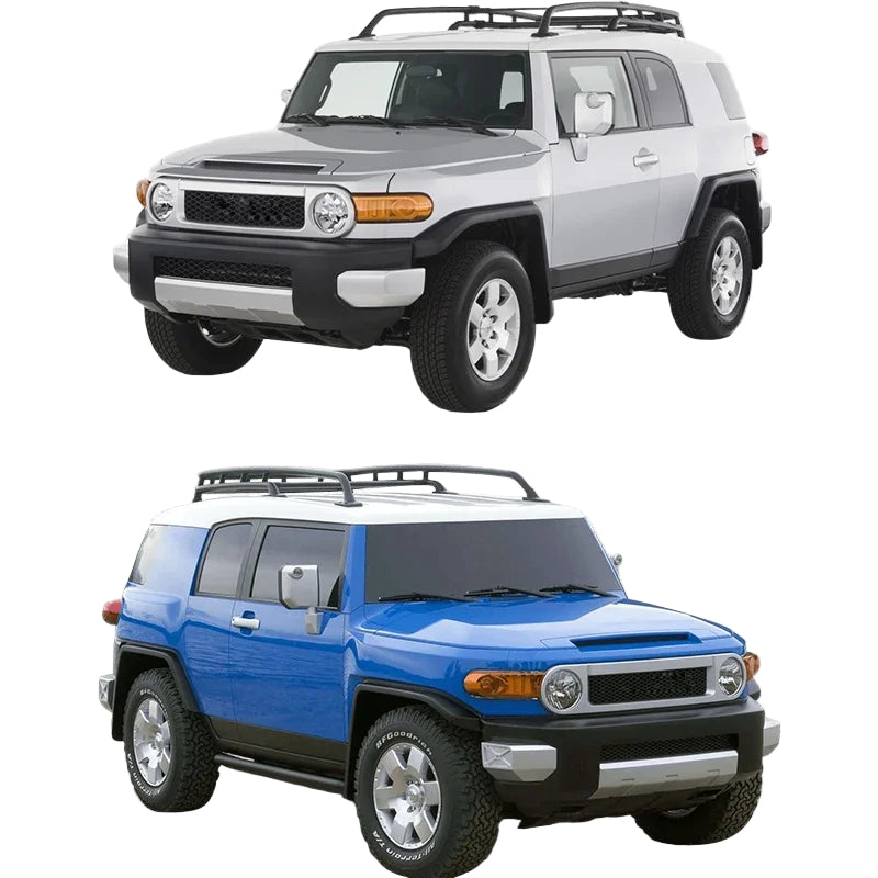 Two Toyota FJ Cruiser models, one white and one blue, on a white background with text indicating compatibility.