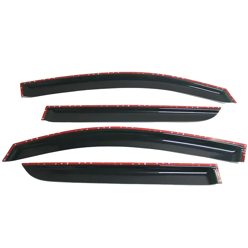 Set of car window deflectors with red trim on a white background, featuring the Sunz brand.