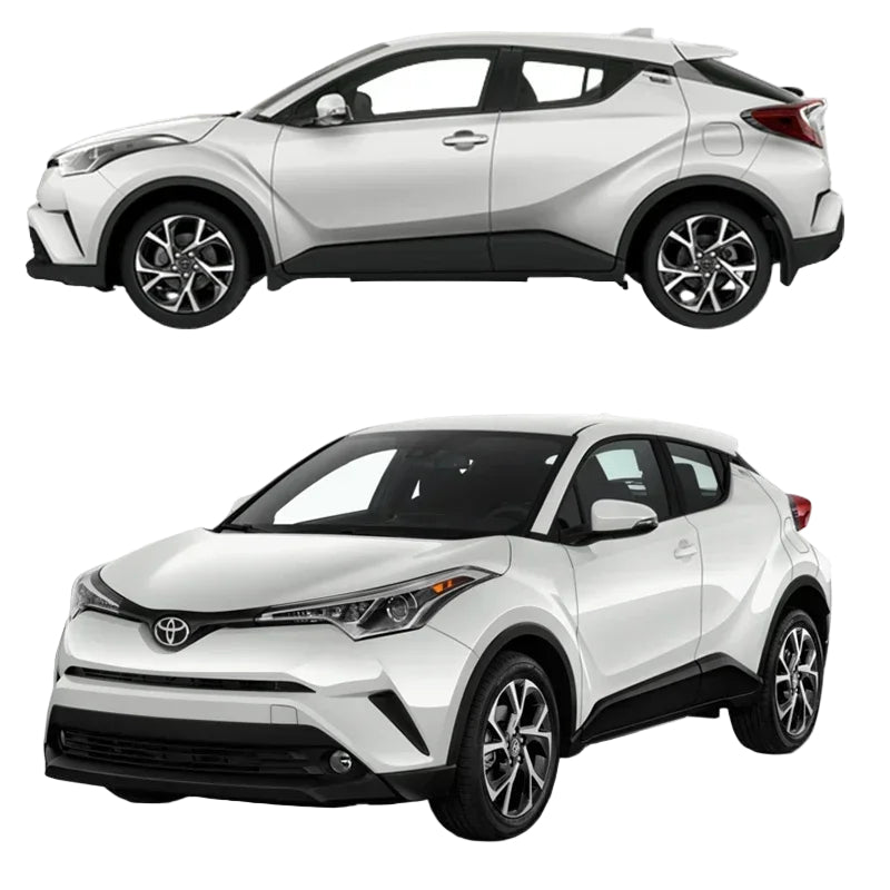 White Toyota CHR SUV with text about window visor for 2017-2021 model on a white background