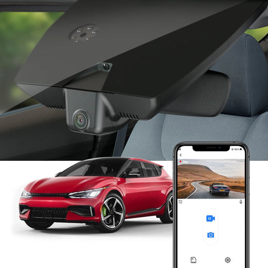 Car rearview mirror with built-in camera, red car, and smartphone app interface.