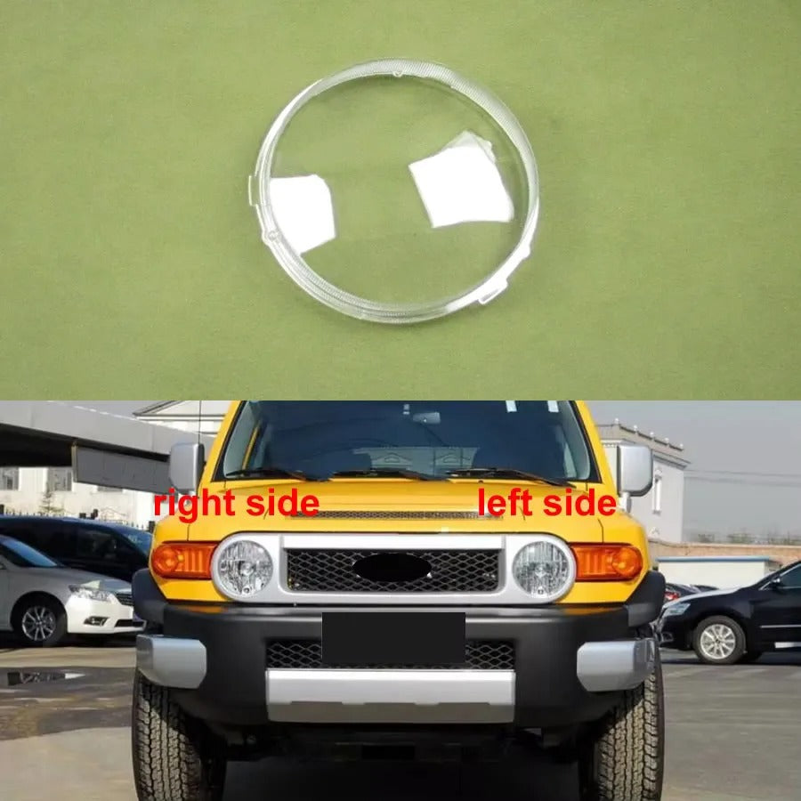 Car headlight lens with 'right side' and 'left side' labels on a green background