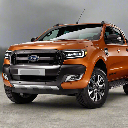 Orange Ford Ranger truck on a gray background