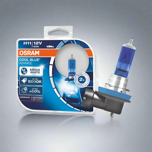 OSRAM H11 car bulb packaging with a blue and white design on a white background