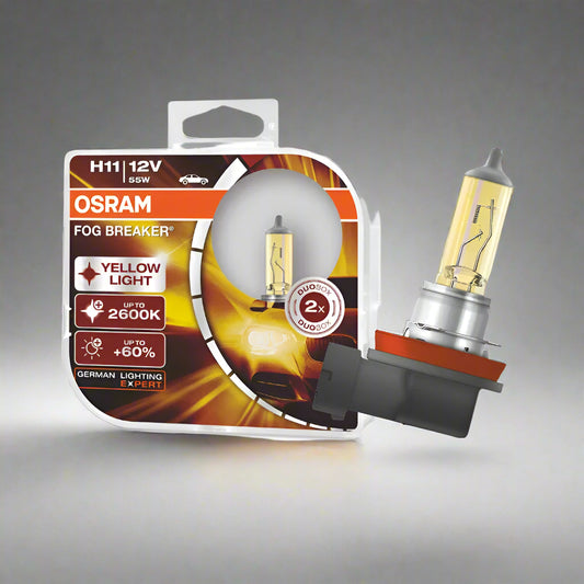 OSRAM fog light bulb packaging with a yellow light bulb on a white background