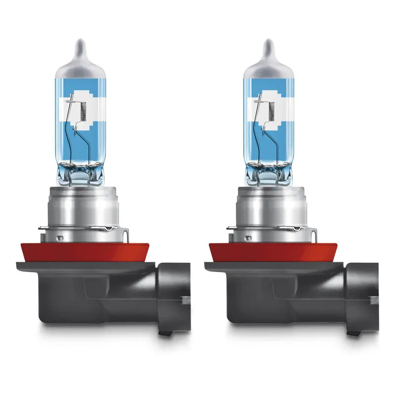 Two car headlight bulbs with clear glass and red bases on a white background