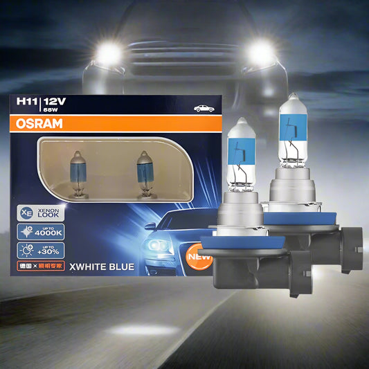 OSRAM H11 car light bulb package with bulbs and packaging on a white background