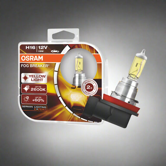 OSRAM fog light bulb packaging with a yellow light bulb on a white background