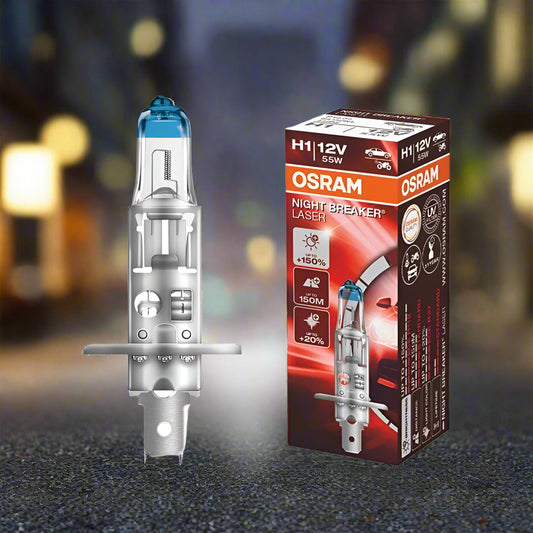 OSRAM H1 car bulb with packaging on a white background