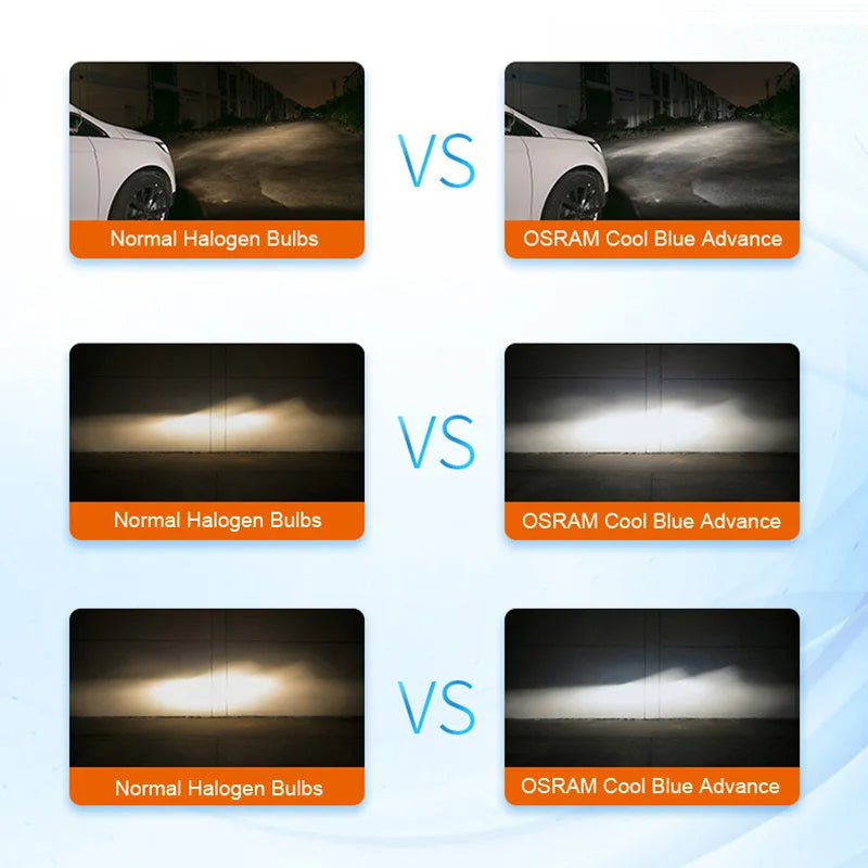 Comparison of Normal Halogen Bulbs and OSRAM Cool Blue Advance bulbs on a car's headlights.