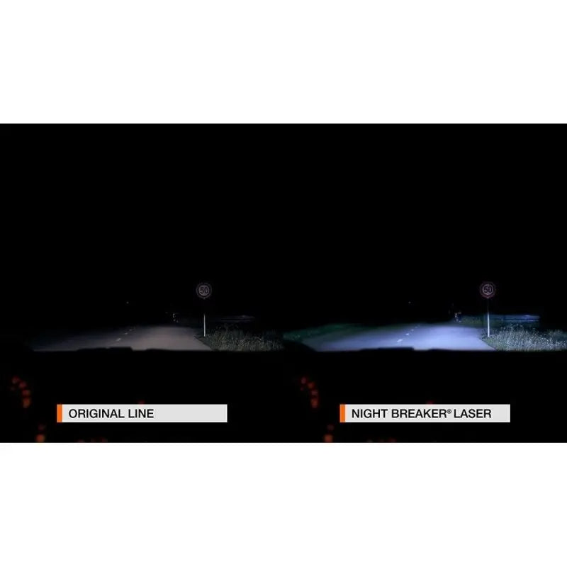 Comparison of headlights labeled 'Original Line' and 'Night Breaker Laser' on a dark road.