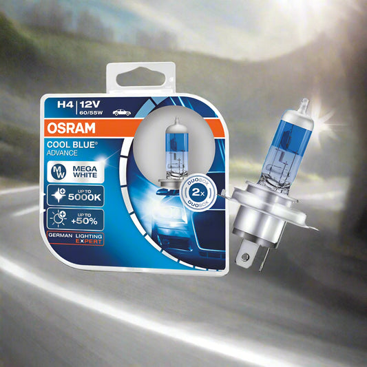 OSRAM H4 car bulb packaging with bulb on a white background