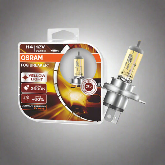 OSRAM H4 fog light bulb packaging with bulb on a white background