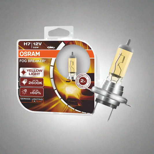 OSRAM fog light bulb packaging with a yellow light bulb on a white background