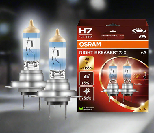 OSRAM H7 halogen bulbs with packaging on a white background